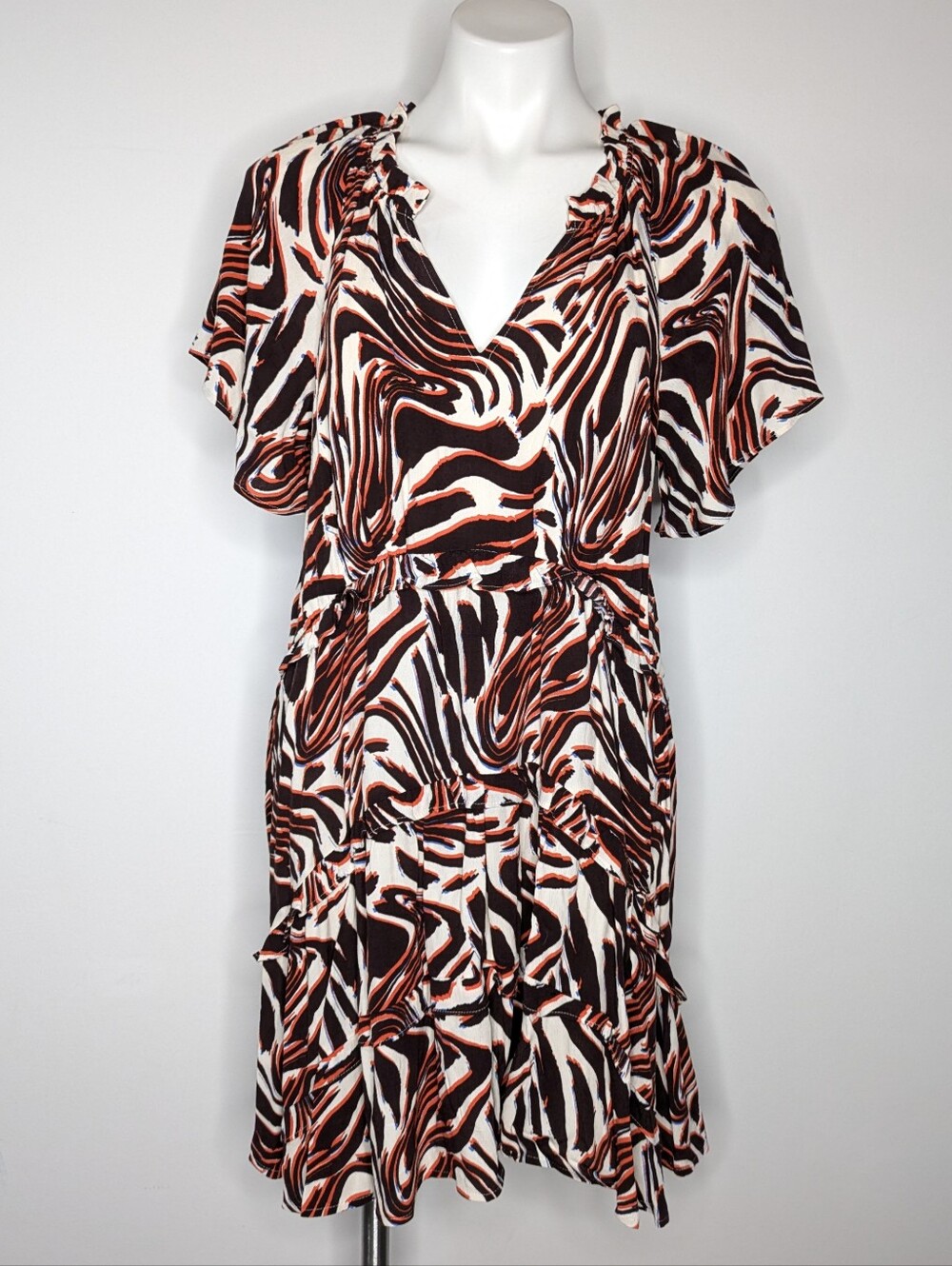 NWT Anthropologie Robin Tiered Black White Orange Abstract Animal Print Dress M